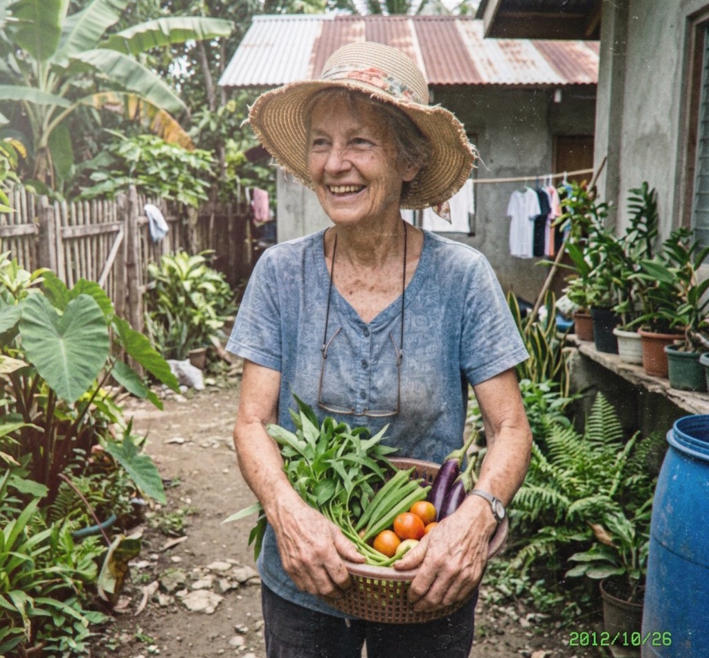 Ruth in her backyard garden in the Philippines, holding a basket of vegetables