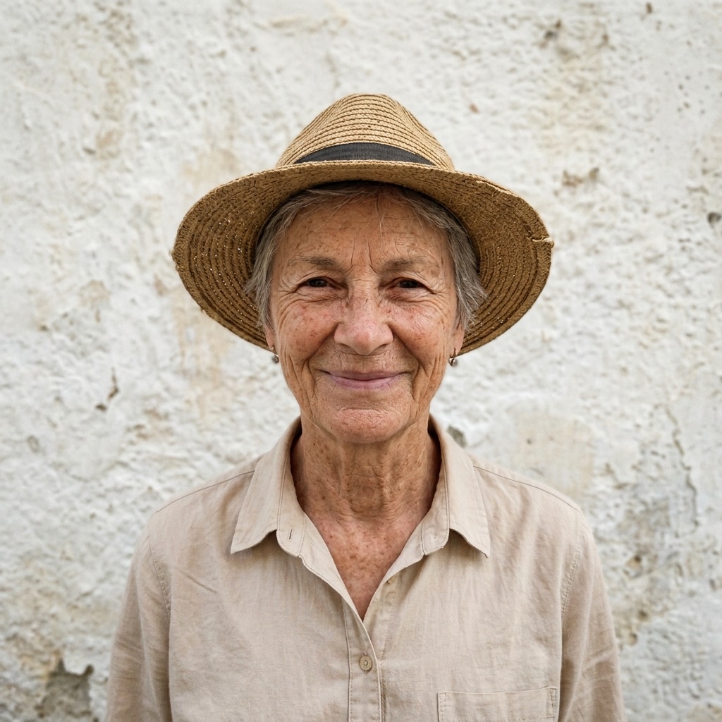 Ruth Fisher, against a whitewashed wall in the Philippines